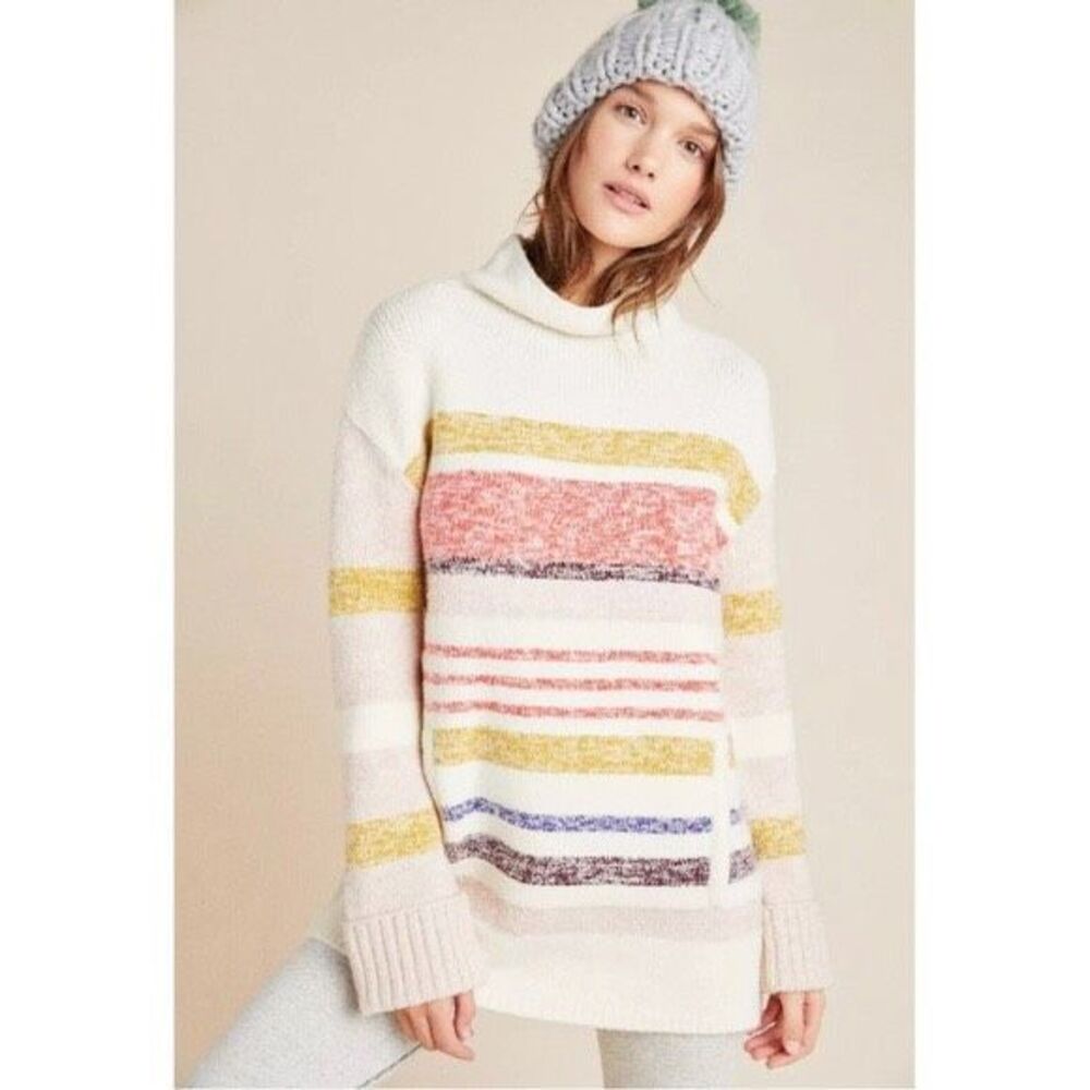 Anthropologie Elana Mock Neck Alpaca‎ Wool Blend Striped Tunic Sweater Size M